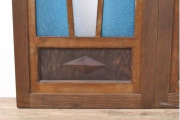 アンティーク建具　大正ロマン　色ガラス入り!フィックスガラス窓2枚セット(欄間、明り取り、はめごろし)(R-056478)