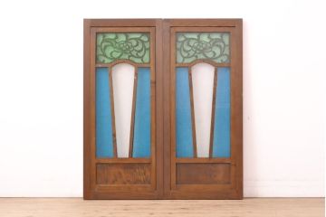 アンティーク建具　大正ロマン　色ガラス入り!フィックスガラス窓2枚セット(欄間、明り取り、はめごろし)(R-056478)