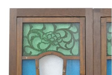 アンティーク建具　大正ロマン　色ガラス入り!フィックスガラス窓2枚セット(欄間、明り取り、はめごろし)(R-056478)