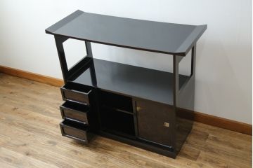 和製ビンテージ　民芸家具　漆塗り　味わい深い牡丹と獅子が描かれた飾り棚(茶棚、収納棚、サイドキャビネット、ヴィンテージ)(R-056483)