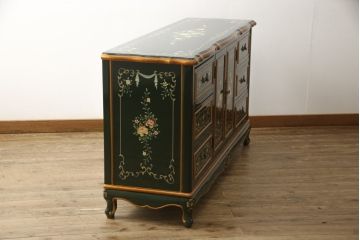中古　美品　イタリア家具　ハンドペイントと取っ手の意匠がかわいらしいサイドボード(サイドキャビネット、チェスト、引き出し、リビングボード)(R-056497)