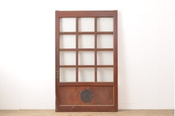 アンティーク建具　ヒノキ材製　大きな格子とレトロな錠前金具が目を引く格子蔵戸1枚(きつね格子、狐格子、引き戸、玄関戸、格子戸、マス目、升目)(R-056520)
