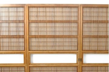 アンティーク建具 裏障子付き 明るい木味の格子戸4枚セット(引き戸、障子戸)(R-056521)