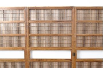 アンティーク建具 裏障子付き 明るい木味の格子戸4枚セット(引き戸、障子戸)(R-056521)
