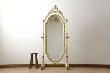 ビンテージ　ノバパルク(NOVAPLAK)　イタリア高級家具　美しい花の彫刻で彩られたロココ調の大きなスタンドミラー(姿見、鏡、ヴィンテージ)(定価約40万円)(R-056551)