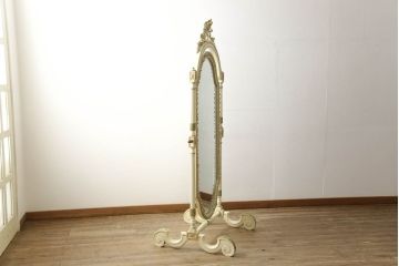 ビンテージ　ノバパルク(NOVAPLAK)　イタリア高級家具　美しい花の彫刻で彩られたロココ調の大きなスタンドミラー(姿見、鏡、ヴィンテージ)(定価約40万円)(R-056551)