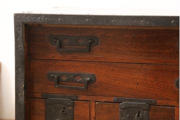 和製アンティーク　江戸明治期　極上!三方欅材製の酒田船箪笥(帳箱、時代箪笥、和たんす、小物収納、小箪笥)(R-056608)