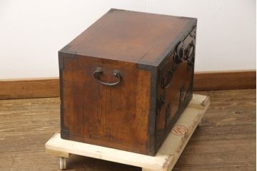 和製アンティーク　江戸明治期　極上!三方欅材製の酒田船箪笥(帳箱、時代箪笥、和たんす、小物収納、小箪笥)(R-056608)