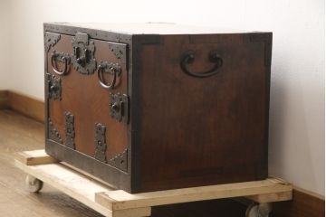 和製アンティーク　江戸明治期　極上!三方欅材製の酒田船箪笥(帳箱、時代箪笥、和たんす、小物収納、小箪笥)(R-056608)