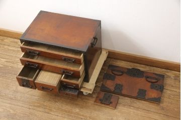 和製アンティーク　江戸明治期　極上!三方欅材製の酒田船箪笥(帳箱、時代箪笥、和たんす、小物収納、小箪笥)(R-056608)