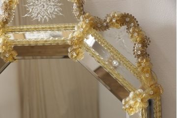 高級品　希少　イタリアビンテージ　可憐なフラワーグラスのウォールミラー(壁掛け鏡、ヴィンテージ)(R-056632)