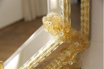 高級品　希少　イタリアビンテージ　可憐なフラワーグラスのウォールミラー(壁掛け鏡、ヴィンテージ)(R-056632)