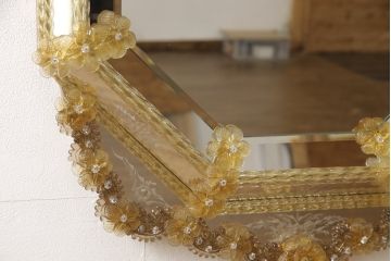 高級品　希少　イタリアビンテージ　可憐なフラワーグラスのウォールミラー(壁掛け鏡、ヴィンテージ)(R-056632)
