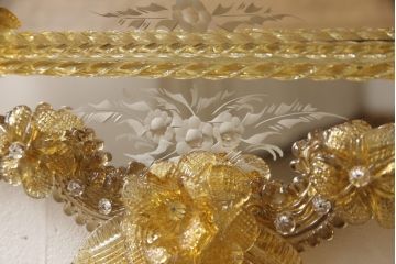 高級品　希少　イタリアビンテージ　可憐なフラワーグラスのウォールミラー(壁掛け鏡、ヴィンテージ)(R-056632)