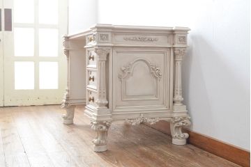 イタリアビンテージ　SILIK(シリック)　天板本革製　ハンドメイド　ロココ調の贅沢なデスク(片袖机、ヴィンテージ、在宅用、在宅ワーク)(定価約120万円)(R-056669)