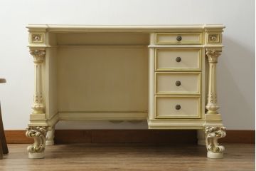 イタリアビンテージ　SILIK(シリック)　天板本革製　ハンドメイド　ロココ調の贅沢なデスク(片袖机、ヴィンテージ、在宅用、在宅ワーク)(定価約120万円)(R-056670)