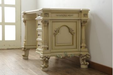 イタリアビンテージ　SILIK(シリック)　天板本革製　ハンドメイド　ロココ調の贅沢なデスク(片袖机、ヴィンテージ、在宅用、在宅ワーク)(定価約120万円)(R-056670)