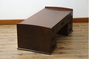 和製アンティーク　三方栗材　引き出しがたっぷり付いた桜金具の両袖机(文机、座机、デスク、在宅用、在宅ワーク)(R-056712)