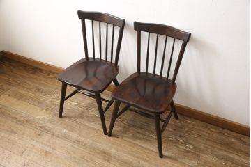 ビンテージ　松本民芸家具　#55型　レトロで温かみ漂うスピンドルチェア2脚セット(木製イス、ダイニングチェア、椅子)(R-056752)