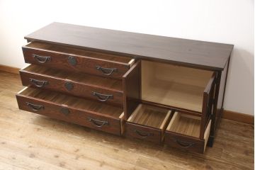 中古　民芸家具　ヒノキ材天板を取り付けてリメイク!シックな和風サイドボード(和箪笥、テレビ台、テレビボード)(R-056827)