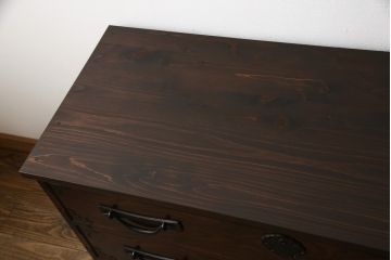 中古　民芸家具　ヒノキ材天板を取り付けてリメイク!シックな和風サイドボード(和箪笥、テレビ台、テレビボード)(R-056827)