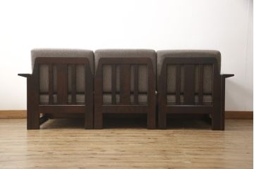 中古　美品　北海道民芸家具　希少な絶版品!和モダンな木製フレームの3人掛けソファ(ベンチ、アームソファ、3Pソファ)(R-056829)