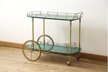 中古　美品　イタリア高級家具　アルド・トゥーラ(ALDO TURA)　希少!グリーンカラーが目を引く、仔山羊革張りのラウンドキッチンワゴン(トロリーワゴン)(R-056900)