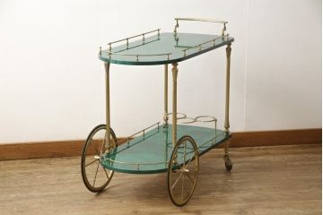 中古　美品　イタリア高級家具　アルド・トゥーラ(ALDO TURA)　希少!グリーンカラーが目を引く、仔山羊革張りのラウンドキッチンワゴン(トロリーワゴン)(R-056900)