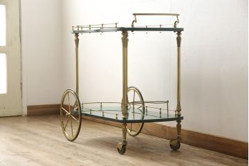 中古　美品　イタリア高級家具　アルド・トゥーラ(ALDO TURA)　希少!グリーンカラーが目を引く、仔山羊革張りのラウンドキッチンワゴン(トロリーワゴン)(R-056900)