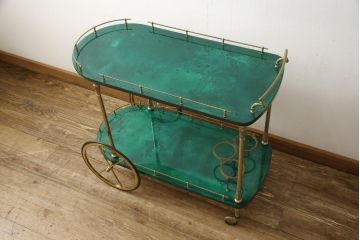 中古　美品　イタリア高級家具　アルド・トゥーラ(ALDO TURA)　希少!グリーンカラーが目を引く、仔山羊革張りのラウンドキッチンワゴン(トロリーワゴン)(R-056900)