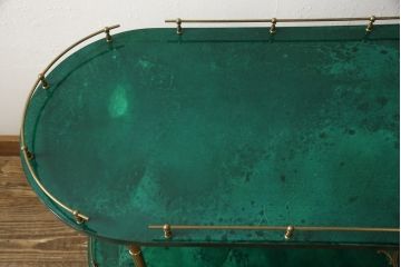 中古　美品　イタリア高級家具　アルド・トゥーラ(ALDO TURA)　希少!グリーンカラーが目を引く、仔山羊革張りのラウンドキッチンワゴン(トロリーワゴン)(R-056900)