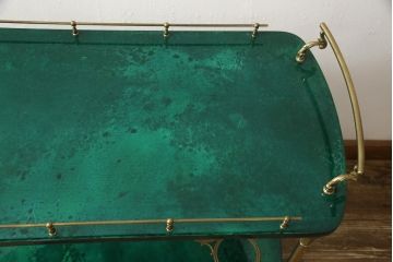 中古　美品　イタリア高級家具　アルド・トゥーラ(ALDO TURA)　希少!グリーンカラーが目を引く、仔山羊革張りのラウンドキッチンワゴン(トロリーワゴン)(R-056900)