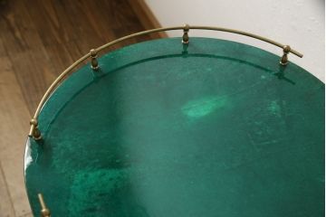 中古　美品　イタリア高級家具　アルド・トゥーラ(ALDO TURA)　希少!グリーンカラーが目を引く、仔山羊革張りのラウンドキッチンワゴン(トロリーワゴン)(R-056900)
