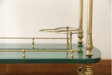 中古　美品　イタリア高級家具　アルド・トゥーラ(ALDO TURA)　希少!グリーンカラーが目を引く、仔山羊革張りのラウンドキッチンワゴン(トロリーワゴン)(R-056900)