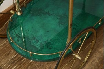 中古　美品　イタリア高級家具　アルド・トゥーラ(ALDO TURA)　希少!グリーンカラーが目を引く、仔山羊革張りのラウンドキッチンワゴン(トロリーワゴン)(R-056900)