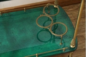 中古　美品　イタリア高級家具　アルド・トゥーラ(ALDO TURA)　希少!グリーンカラーが目を引く、仔山羊革張りのラウンドキッチンワゴン(トロリーワゴン)(R-056900)