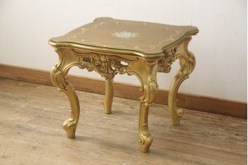 中古　美品　イタリア高級ロココ家具　SILIK(シリック)　ハンドペイント・ゴールドカラーのスクエアテーブル(センターテーブル、ローテーブル)(R-056929)