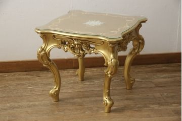 中古　美品　イタリア高級ロココ家具　SILIK(シリック)　ハンドペイント・ゴールドカラーのスクエアテーブル(センターテーブル、ローテーブル)(R-056929)