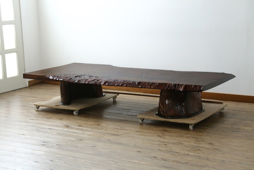 中古　特大!　日本一の玉杢無垢!　総欅一枚板　漆塗り7尺座卓　(R-056930)