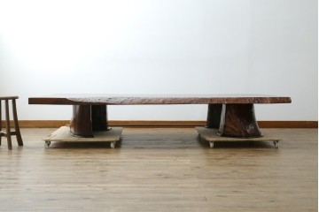 中古　特大!　日本一の玉杢無垢!　総欅一枚板　漆塗り7尺座卓　(R-056930)