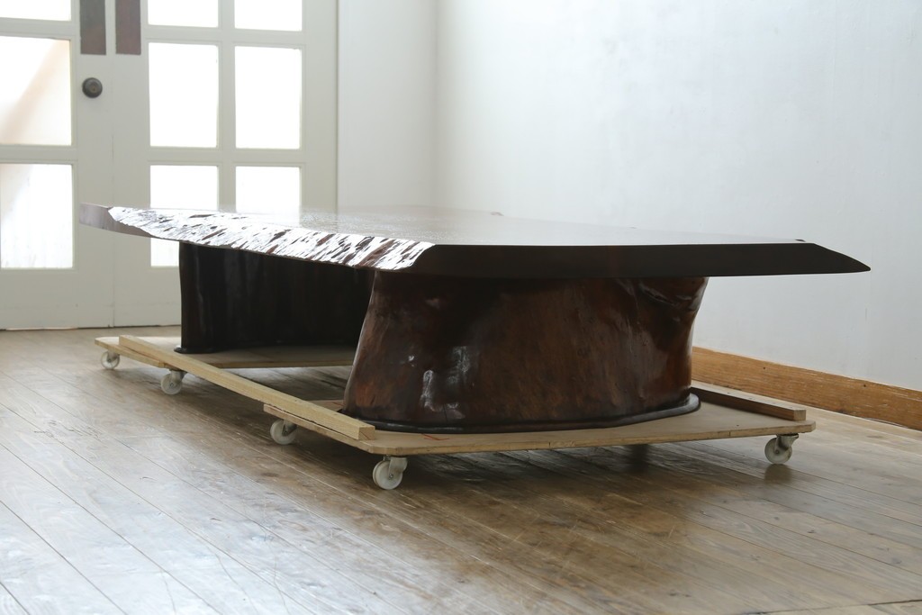 中古　特大!　日本一の玉杢無垢!　総欅一枚板　漆塗り7尺座卓　(R-056930)