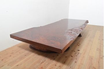 中古　特大!　日本一の玉杢無垢!　総欅一枚板　漆塗り7尺座卓(総ケヤキ、総けやき、ローテーブル、センターテーブル)(R-056930)