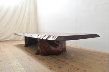 中古　特大!　日本一の玉杢無垢!　総欅一枚板　漆塗り7尺座卓(総ケヤキ、総けやき、ローテーブル、センターテーブル)(R-056930)