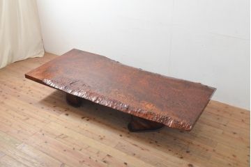 中古　特大!　日本一の玉杢無垢!　総欅一枚板　漆塗り7尺座卓(総ケヤキ、総けやき、ローテーブル、センターテーブル)(R-056930)