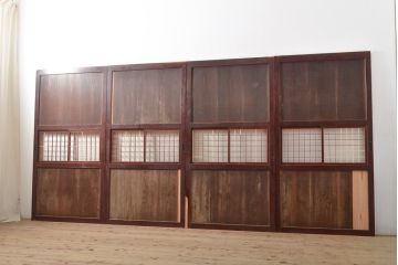 アンティーク建具　レトロな格子入りの障子帯戸4枚セット(板戸、障子戸、引き戸)(R-056940)