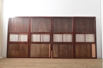 アンティーク建具　レトロな格子入りの障子帯戸4枚セット(板戸、障子戸、引き戸)(R-056940)