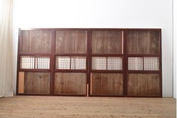 アンティーク建具　レトロな格子入りの障子帯戸4枚セット(板戸、障子戸、引き戸)(R-056940)