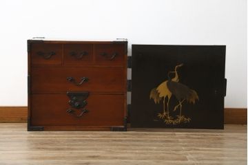 激レア!特注品　縁起物　おかめの漆絵が描かれた総欅材製の庄内小箪笥(掛硯型、懸硯型、船箪笥、帳場箪笥、おたふく、小引き出し、たんす、タンス、アンティーク)(R-057060)