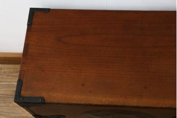 激レア!特注品　縁起物　おかめの漆絵が描かれた総欅材製の庄内小箪笥(掛硯型、懸硯型、船箪笥、帳場箪笥、おたふく、小引き出し、たんす、タンス、アンティーク)(R-057060)