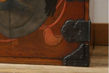 激レア!特注品　縁起物　おかめの漆絵が描かれた総欅材製の庄内小箪笥(掛硯型、懸硯型、船箪笥、帳場箪笥、おたふく、小引き出し、たんす、タンス、アンティーク)(R-057060)